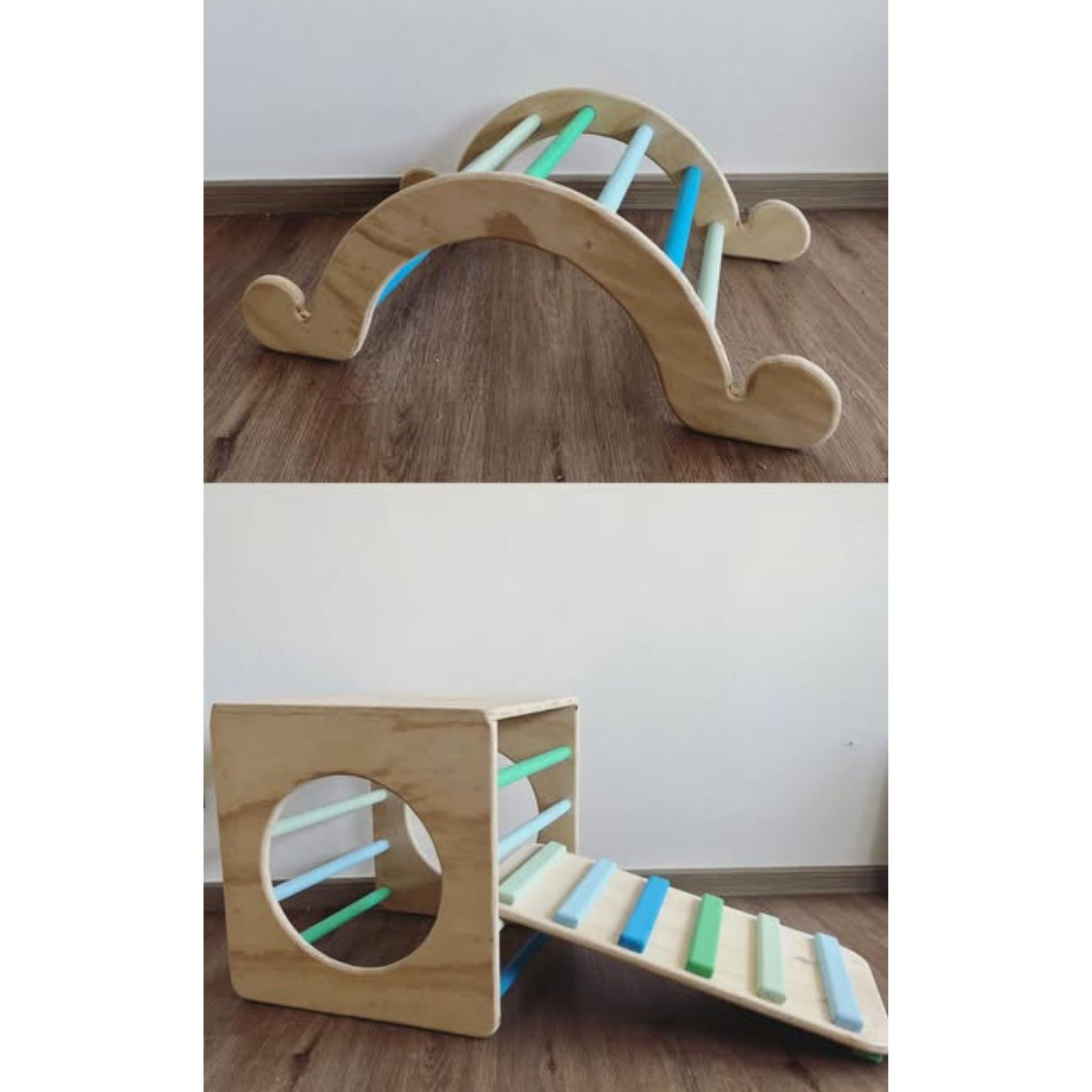 🌿 Set de Tres Juegos Pikler Montessori (Arco + Cubo + Rampa)